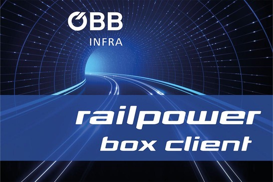 Teaserbild, Tunnel mit Schienenstrang und Text railpower box client