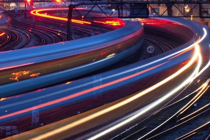 Traces of train lights at night