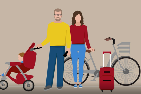 Gezeichnete Personen mit Fahrrad, Koffer und Kinderwagen
