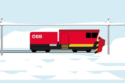 Grafische Darstellung einer Lok mit Schneepflug auf einem Gleis in Winterlandschaft. 