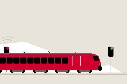 Ein Zug fährt von links durch eine abstrakte Landschaft. Man sieht ein rotes und ein grünes Signal.