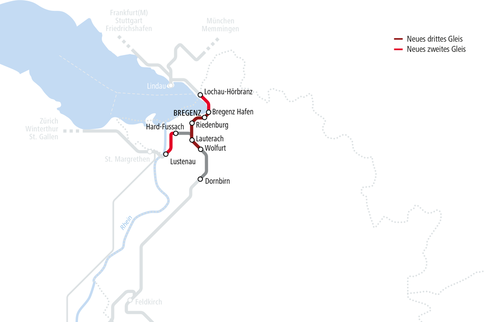 Karte vom Rheintal zeigt mögliches neues drittes Gleis zwischen Bregenz Hafen, Riedenburg, Lauterach und Wolfurt und mögliche neue zweite Gleise zwischen Lochau-Hörbranz und Bregenz Hafen, sowie zwischen Hard-Fussach und Lustenau