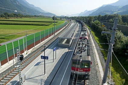 Train passing at the Brenner axis between Kufstein and Schaftenau