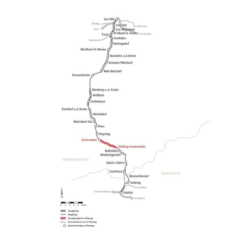 Kartenansicht der Strecke Linz-Selzthal; Der Bereich Hinterstoder-Pießling-Vorderstoder in Oberösterreich wird in rot dargestellt; Hier ist der zweigleisige Ausbau geplant