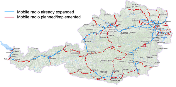 The graphic shows a map of Austria with highlighted routes, in blue those already equipped with mobile radio, in red those that are planned or being implemented.<br/>