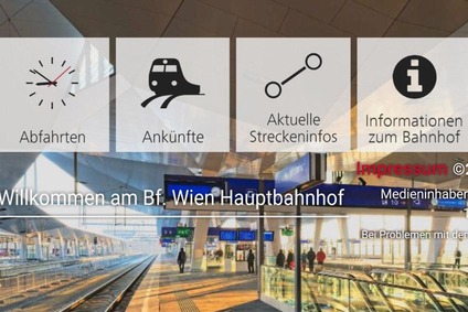 Screenshot auf einem Mobiltelefon mit Anzeige Abfahrten, Ankünfte, Aktuelle Streckeninfo und Informationen zum Bahnhof