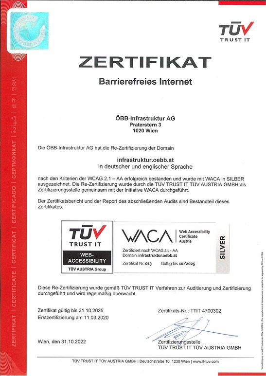 Certification for Waca TÜV Silver for infrastruktur.oebb.at (in German)