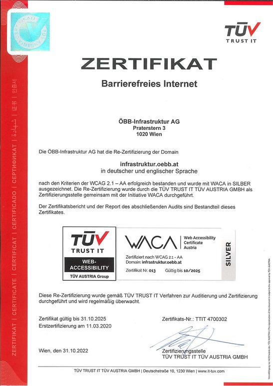 © ÖBB/Waca TÜV Zertifikat Waca TÜV Silber für infrastruktur.oebb.at