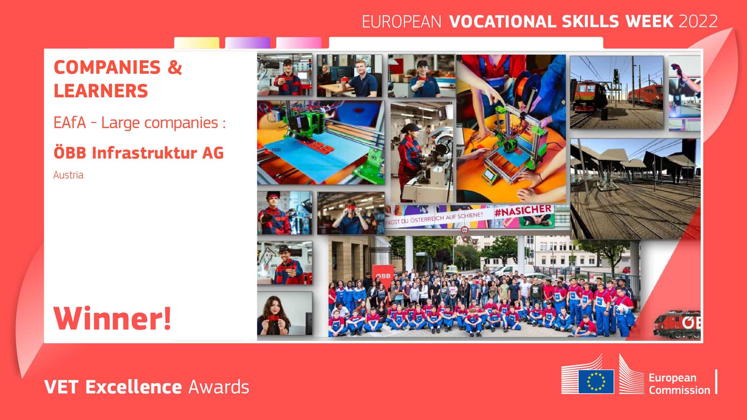 European Vocational Skills Week 2022<br/>Companies & Learners<br/>EAfA - Large companies: ÖBB Infrastruktur AG, Austria<br/>Winner!<br/>Vet Excellence Awards<br/>European Commission