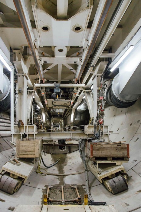 This photo shows the interior of a tunnel drilling machine.