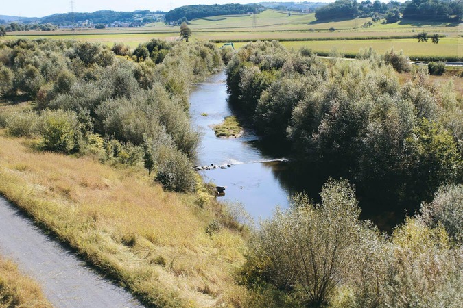 A river meanders through the landscape.