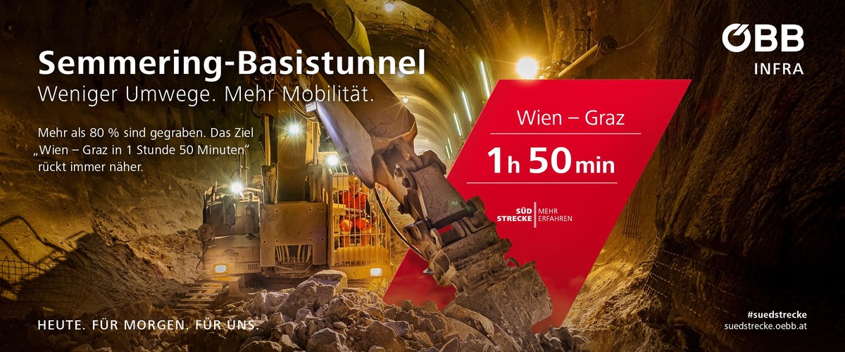 Semmering Basistunnel - Wie-Graz 1h 50 min<br/>Weniger Umwege. Mehr Mobilität.<br/>Mehr als 80 % sind gegraben. Das Ziel "Wien - Graz in 1 Stunde 50 Minuten" rückt immer näher. Heute. Für morgen. Für uns.