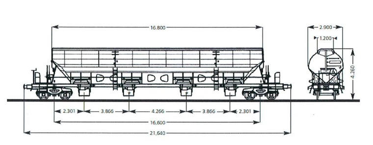 Der vierachsige Schüttgutwagen mit öffnungsfähigem Dach und acht beweglichen Auslaufrutschen ist vor allem für die Beladung von oben, sowie die Entladung mittels Entladebunker oder Förderband geeignet.
