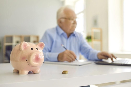 Pensionist spart Geld und berechnet Ersparnis mit dem Computer.