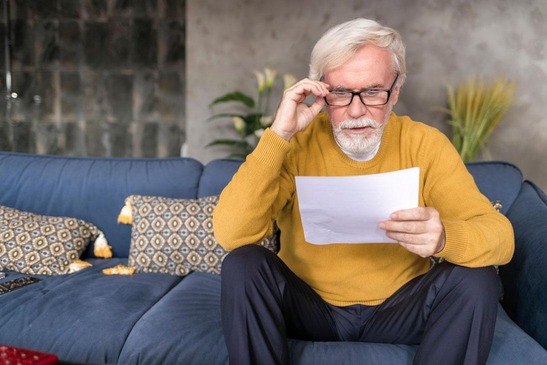 Pensionist sieht sich seinen Lohnzettel an.