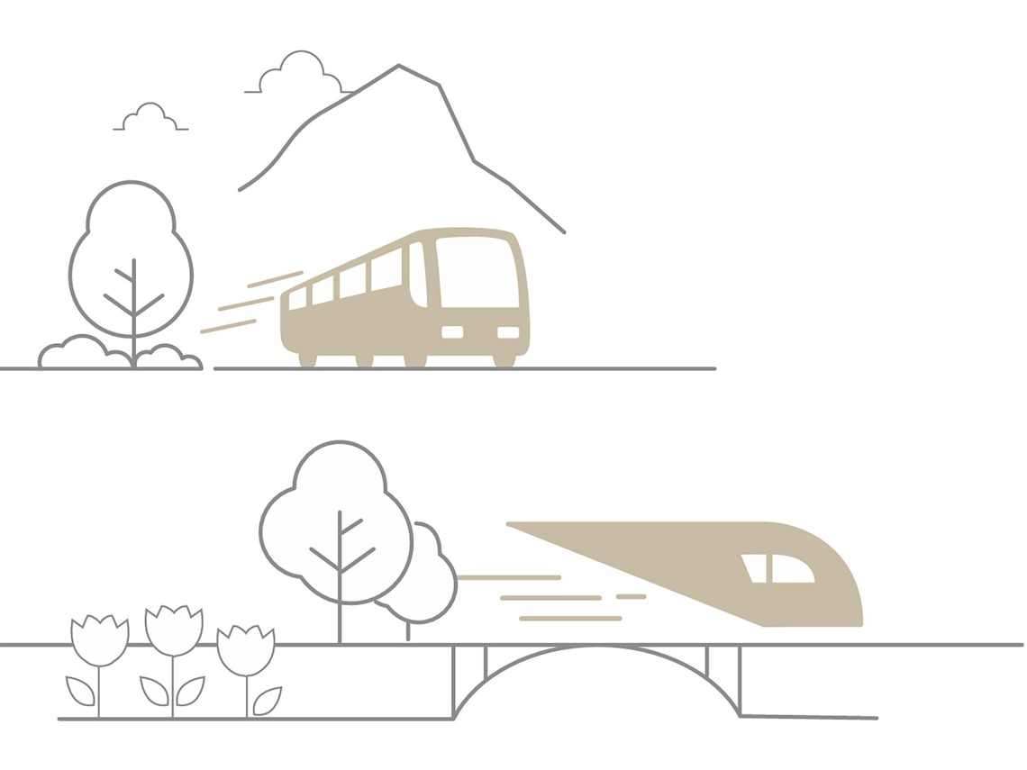 Illustrierte Grafik von Bus und Zug mit Landschaft