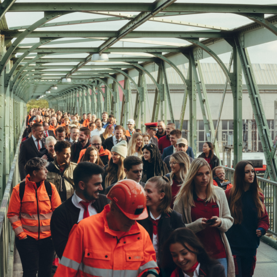 Eine Gruppe an ÖBB MItarbeiter:innen in unterschiedlichen Uniformen über eine Brücke gehend.