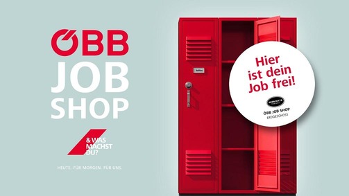 Roter Spind mit Aufschrift "Hier ist dein Job frei" bei türkisen Hintergrund. Logo des ÖBB Job Shops