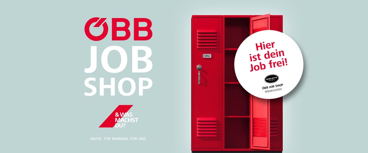 Roter Spind mit Aufschrift "Hier ist dein Job frei" bei türkisen Hintergrund. Logo des ÖBB Job Shops