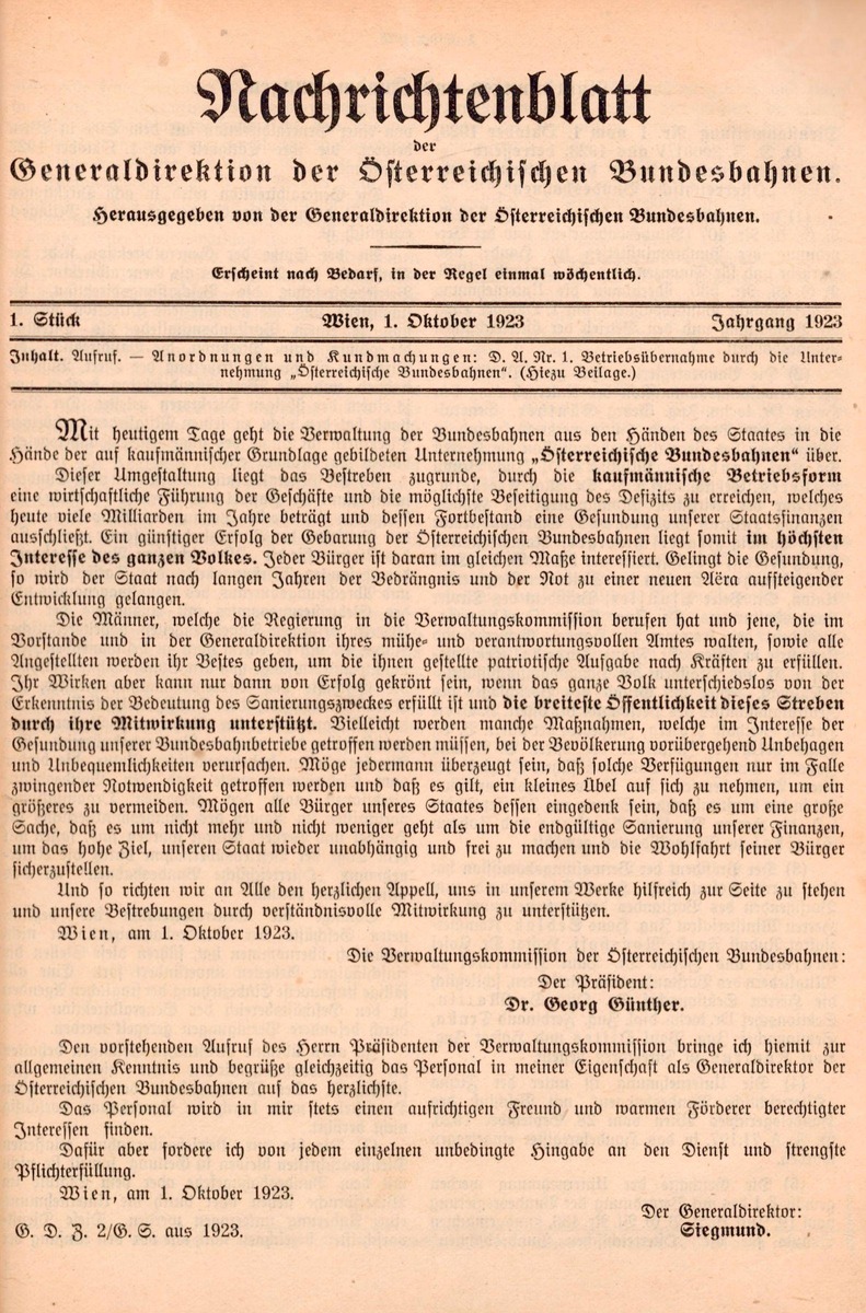 Nachrichtenblatt der Generaldirektion der Österreichischen Bundesbahnen von 01.10.1923