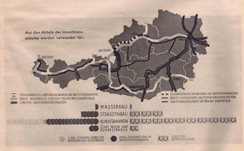 Karte von Österreich mit Infrastrukturmaßnahmen aus den Mitteln der Investitionsanleihe