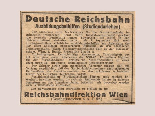 Inserat der Deutschen Reichbahn zu Ausbildungsbeihilfen