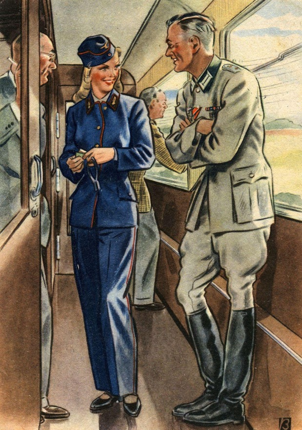 Propagandakarte Schaffnerin in einem Reichsbahnzug
