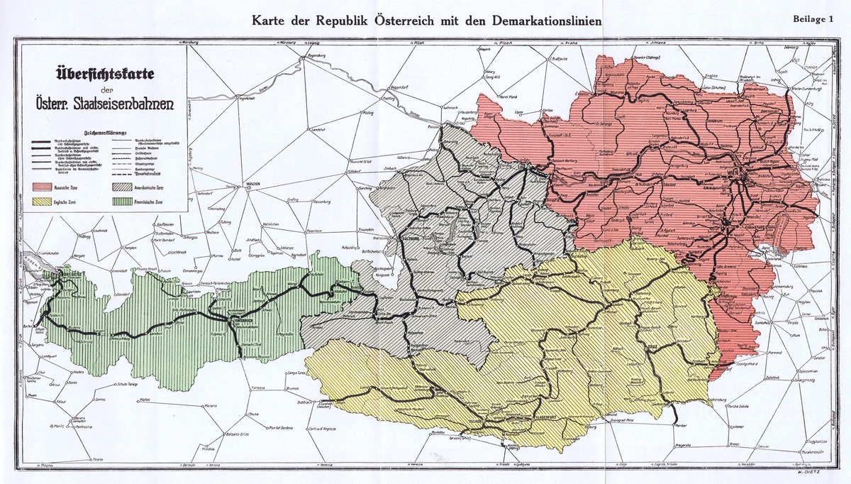 Österreich-Karte mit den vier Besatzungszonen