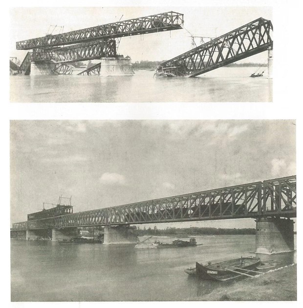 Bildvergleich von zerstörter und wiederaufgebauter Tullner Donaubrücke
