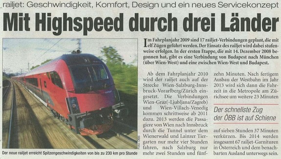 Zeitungsbericht zum neuen High-Speed-Railjet