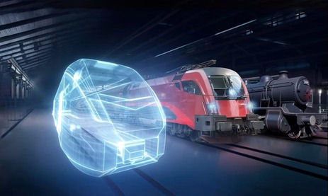 Bild von alter Lokomotive, modernem Railjet und Zug in der Zukunft nebeneinander