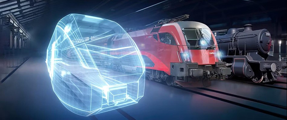 Bild von alter Lokomotive, modernem Railjet und Zug in der Zukunft nebeneinander