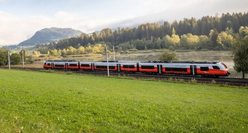 Auf dem Bild sieht man einen ÖBB Zug in einer Sommerlandschaft