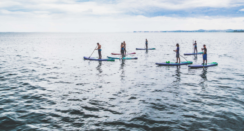 Bregenz Sehenswürdigkeiten: Blick auf den Bodensee mit vielen Stand-up-Paddlern