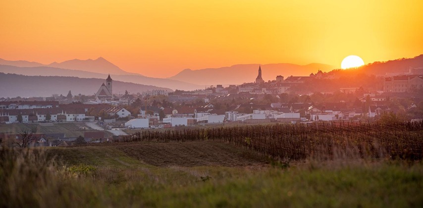 Eisenstadt: Blick auf die Stadt im Abendlicht, dahinter der Himmel mit Sonnenuntergang. 