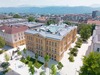 Zu den Klagenfurt Sehenswürdigkeiten gehört das Kärntner Landesmuseum. Auf dem Bild sieht man eine Luftaufnahme.