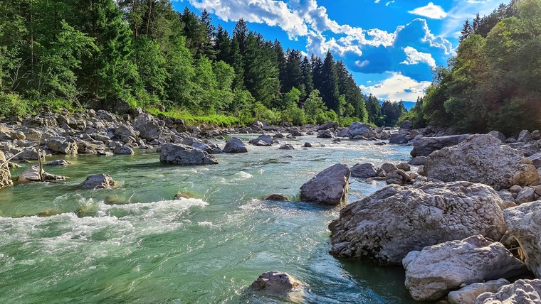 Blick auf den Fluss Gail, der durch den Naturpark Dobratsch fließt. 