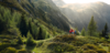 Wandern bei Salzburg: Blick auf eine begrünte Berglandschaft mit einer Familie. Der Vater deutet nach oben in Richtung Gipfel. 