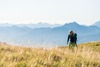 Urlaub am Weissensee: Eine Wandererin geht bei herbstlicher Witterung wandern, im Vordergrund trockenes, langes Gras, am Horizont eine Bergkulisse. 