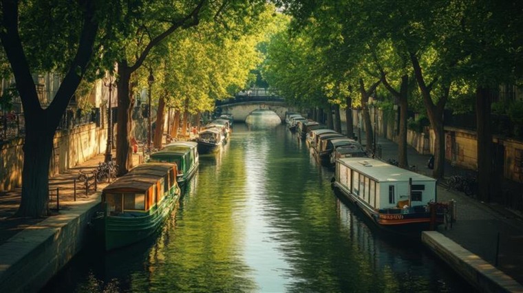 Zu den Sehenswürdigkeiten von Paris gehört der Canal Saint-Martin. Im Bild ein Blick auf den Kanal samt Häuserzeilen. 