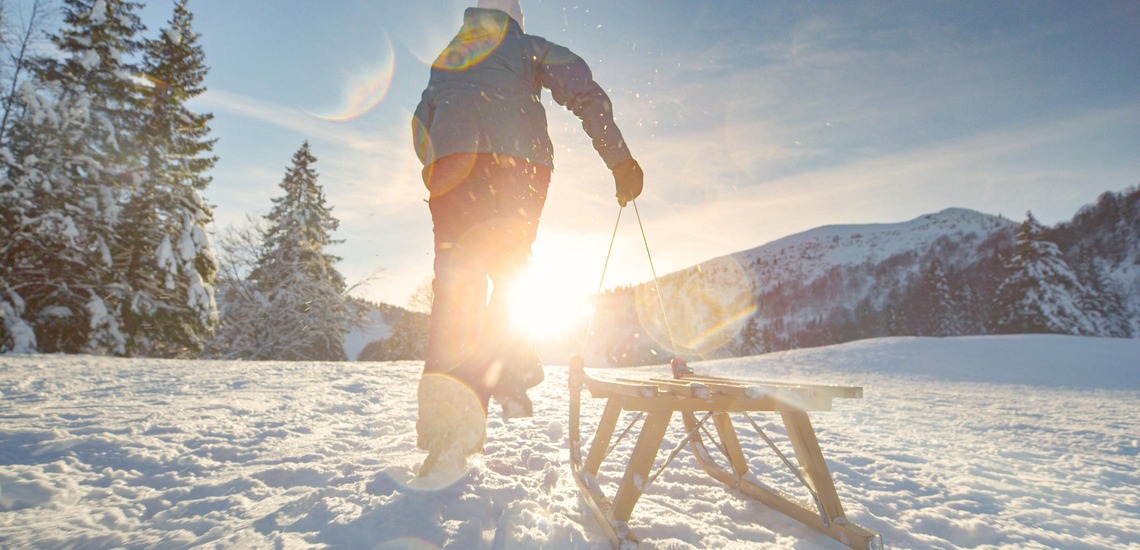 Blick von hinten auf eine Person, die einen Schlitten im Schnee zieht. 
