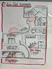 Flipchart mit dem Titel: „3) Zum Ziel kommen“. Darauf wird ein Weg vom Zug am Bahnsteig 3 zum Ausgang mit Taxi und Bus bis zu einem Zielpunkt in den Bergen illustriert. 