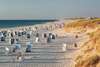 Mit dem Zug zum Meer: Strand mit Strandkörben und Dünen im Abendlicht nahe Kampen auf Sylt an der Nordsee, Schleswig-Holstein, Deutschland.