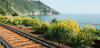 Interrail-Packliste: Ein Blick auf die Schienen bei Cinque Terre, dahinter Berge und das Meer. 