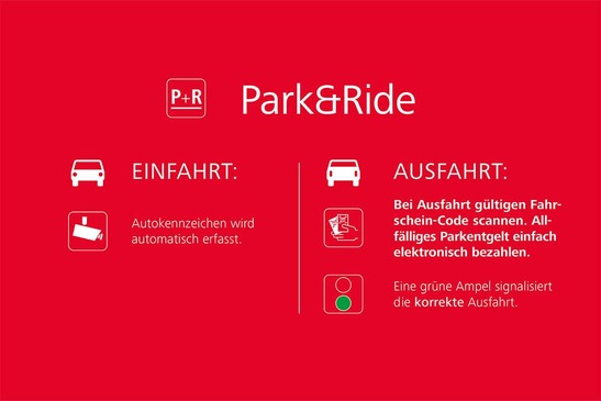 Plakat Park & Ride. Textinsert: Auto Einfahrt: Autokennzeichen wird automatisch erfasst mit Video. Auto Ausfahrt: bei Ausfahrt gültigen Fahrschein-Code scannen. Allfälliges Parkentgelt einfach elektronisch bezahlen. Eine grüne Ampel signalisiert die korrekte Ausfahrt.