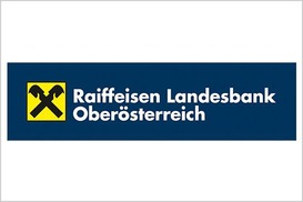 Raiffeisenlandesbank OÖ Logo, blauer Hintergrund, weiße Schrift, schwarzes Icon auf gelbem Quadrat