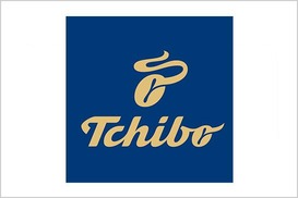 Tschibo Logo, blauer quadratischer Hintergrund mit goldener Schrift