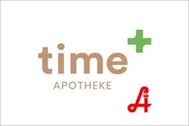 time Apotheke Logo, weißer Hintergrund, hellbraune Schrift, grünes Kreuz, rotes Apotheken Icon