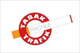 Trafik Rachle Logo, rot-braun-weiß-rot mit Trafik Icon