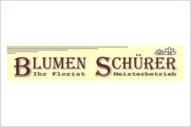 Blumen Schürer Logo, hellgelber Hintergrund, braun-weißer Schriftzug